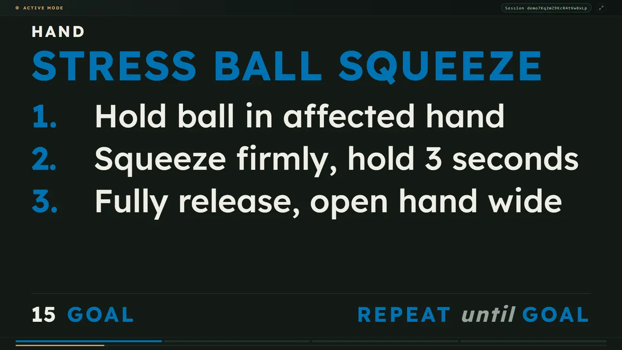 The SDR display on a TV: a blue Hand card reading Stress ball squeeze, with three numbered steps and a goal of 15.