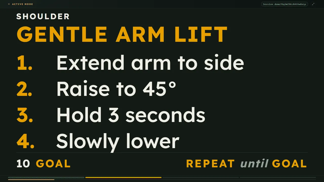 The SDR display on a TV: an orange Shoulder card reading Gentle arm lift, with four numbered steps and a goal of 10.